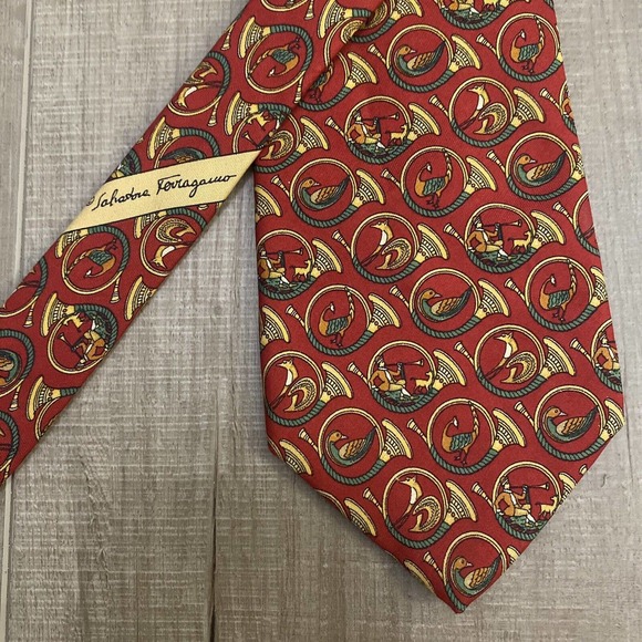 Salvatore Ferragamo Other - RARE Salvatore Ferragamo 100% Silk Red Tie Men Horn Trumpet Vintage Print